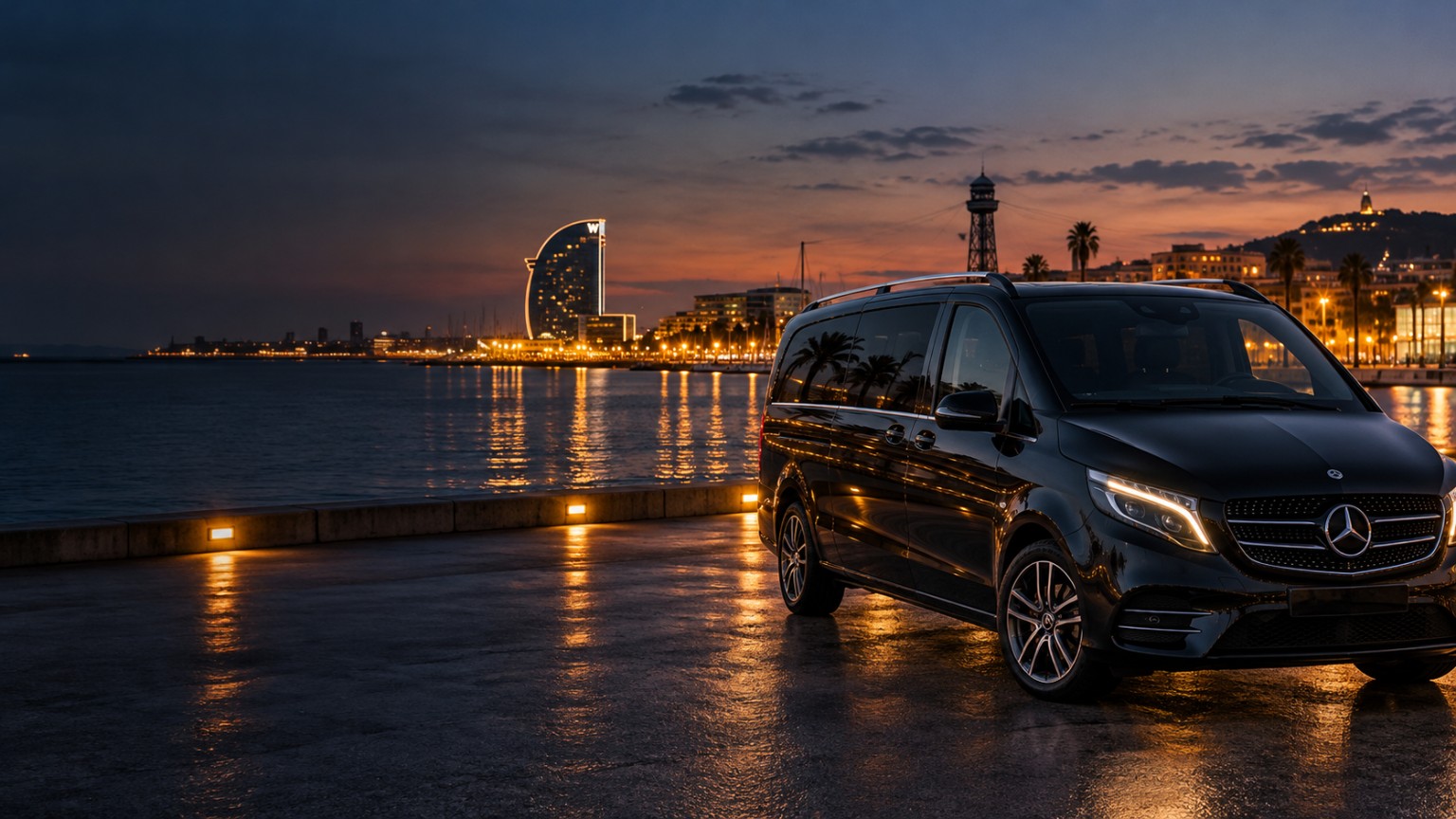 Mercedes negra junto al mar y el skyline de Barcelona al anochecer
